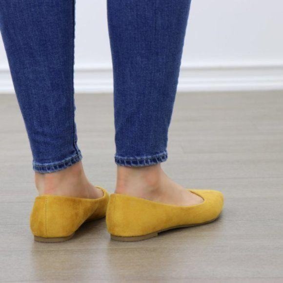 Mustard Yellow Vegan Suede Pointy Toe Flat Shoes - Picture 7 of 7